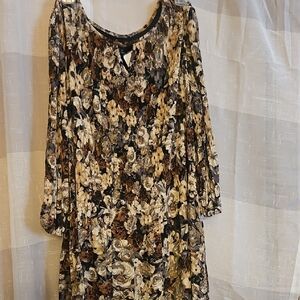 Connected Apparel Floral Pleated Long-Sleeve Dress in Black & Brown